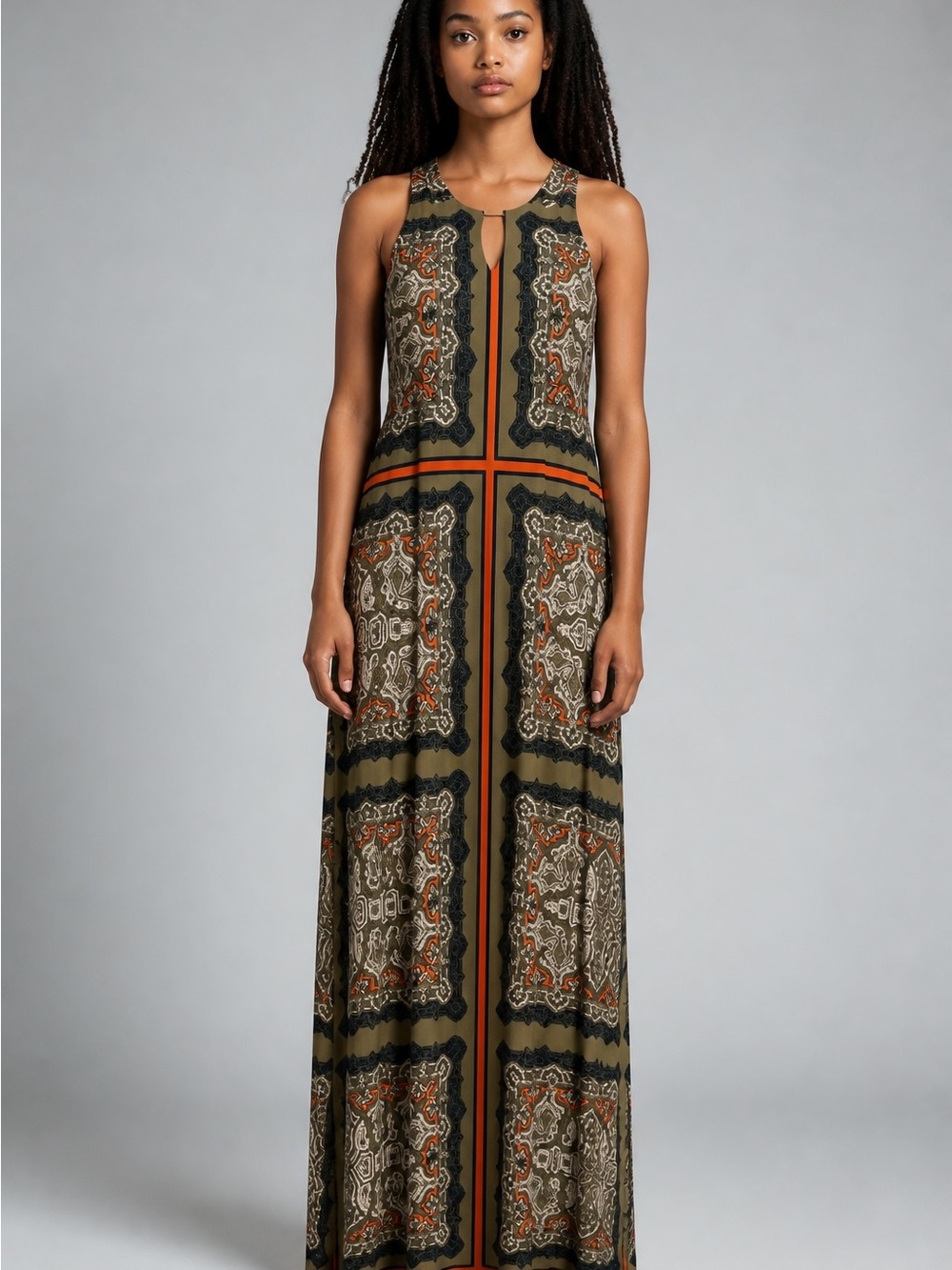 Sleeveless Olive Paisley-Print Maxi Dress